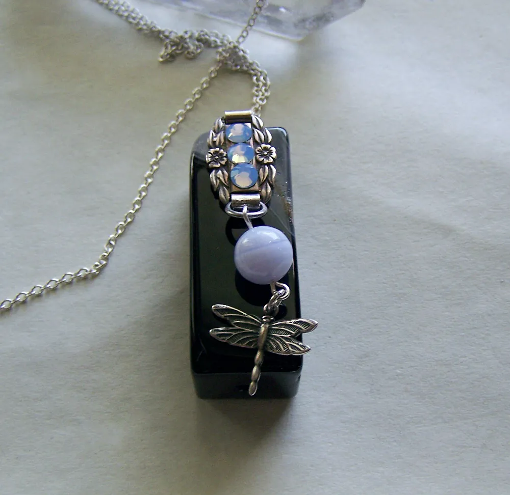 Forget Me Not Vintage Sterling Charm Blue Agate Dragonfly Necklace