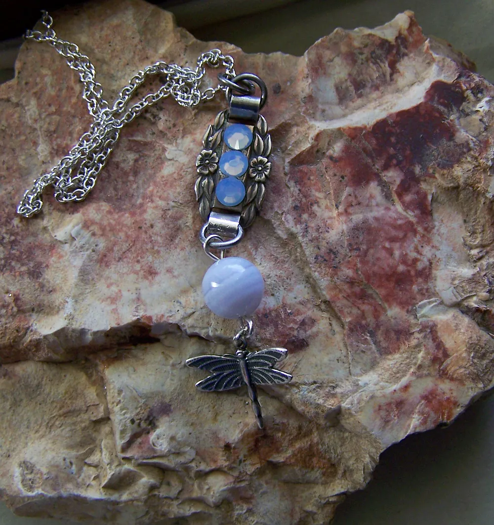 Forget Me Not Vintage Sterling Charm Blue Agate Dragonfly Necklace