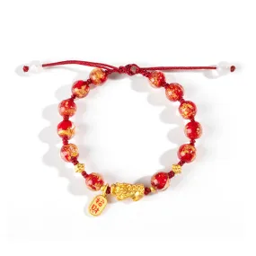 Fortune's Favor Sterling Silver Pixiu Jinbao Red Rope Bracelet