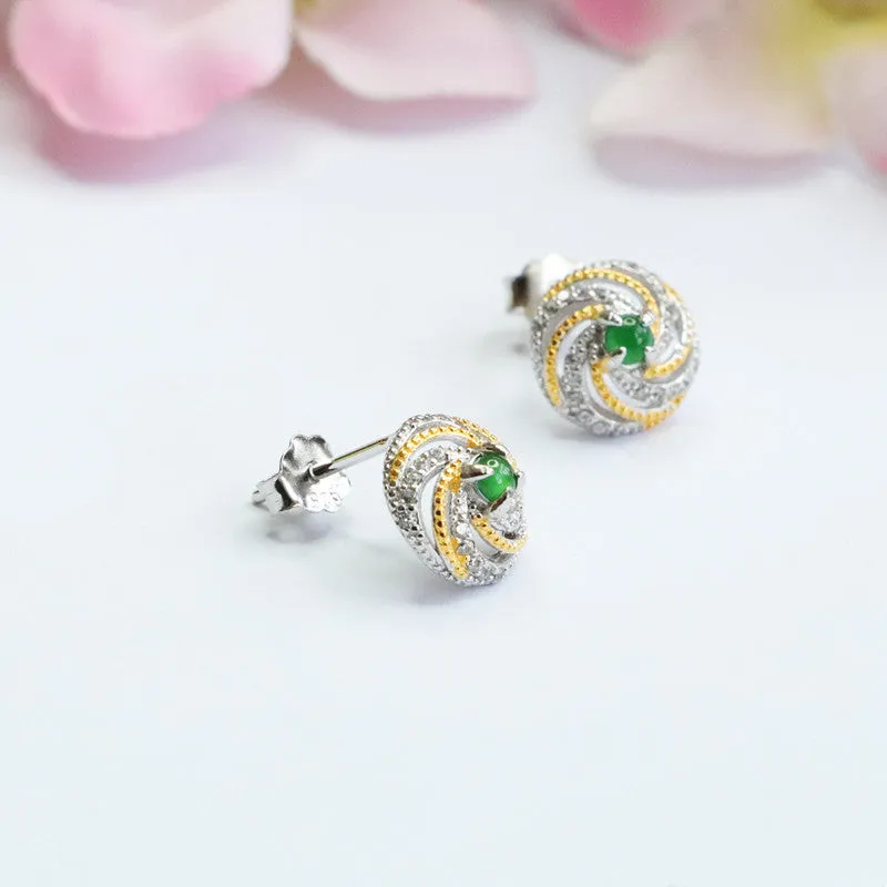 French Luxury Spiral Pattern Silver Earrings with Ice Green Jade