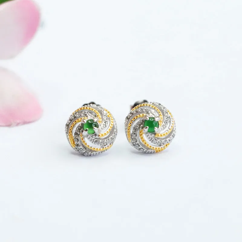 French Luxury Spiral Pattern Silver Earrings with Ice Green Jade