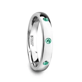 GALA Women's Domed Tungsten Ring With 3 Green Emeralds Setting - 4mm