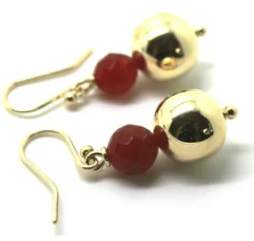 Genuine 9ct Yellow Gold 12mm Ball   7mm Red Jade Faceted Earrings