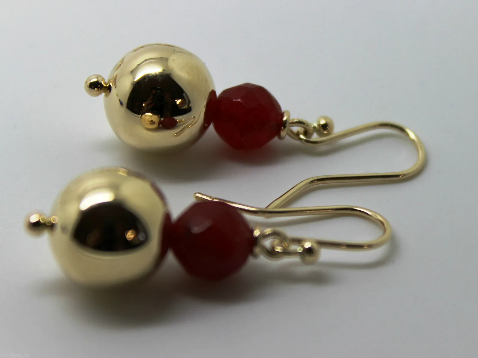 Genuine 9ct Yellow Gold 12mm Ball   7mm Red Jade Faceted Earrings