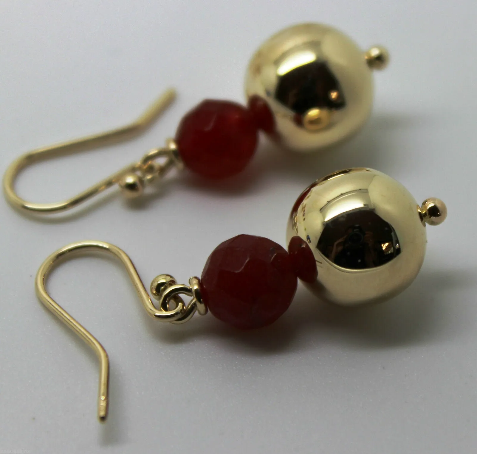 Genuine 9ct Yellow Gold 12mm Ball   7mm Red Jade Faceted Earrings