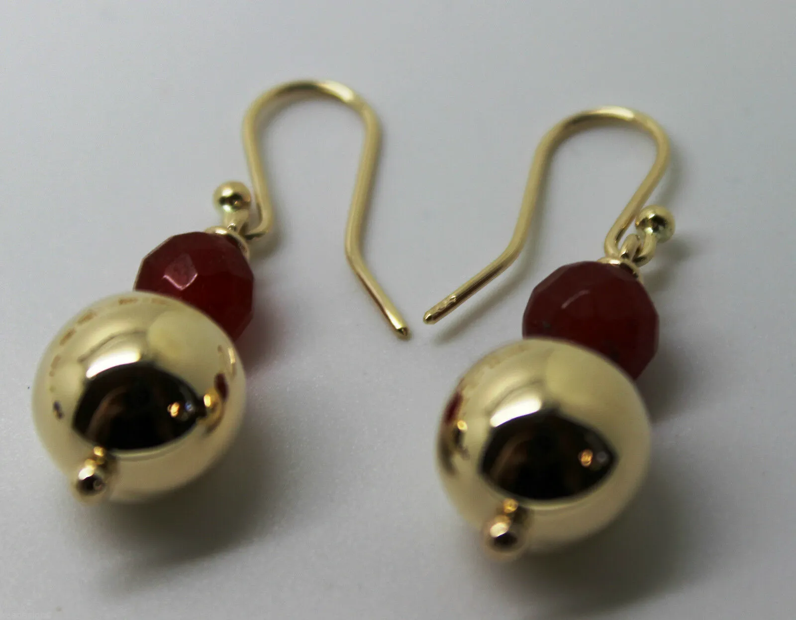 Genuine 9ct Yellow Gold 12mm Ball   7mm Red Jade Faceted Earrings