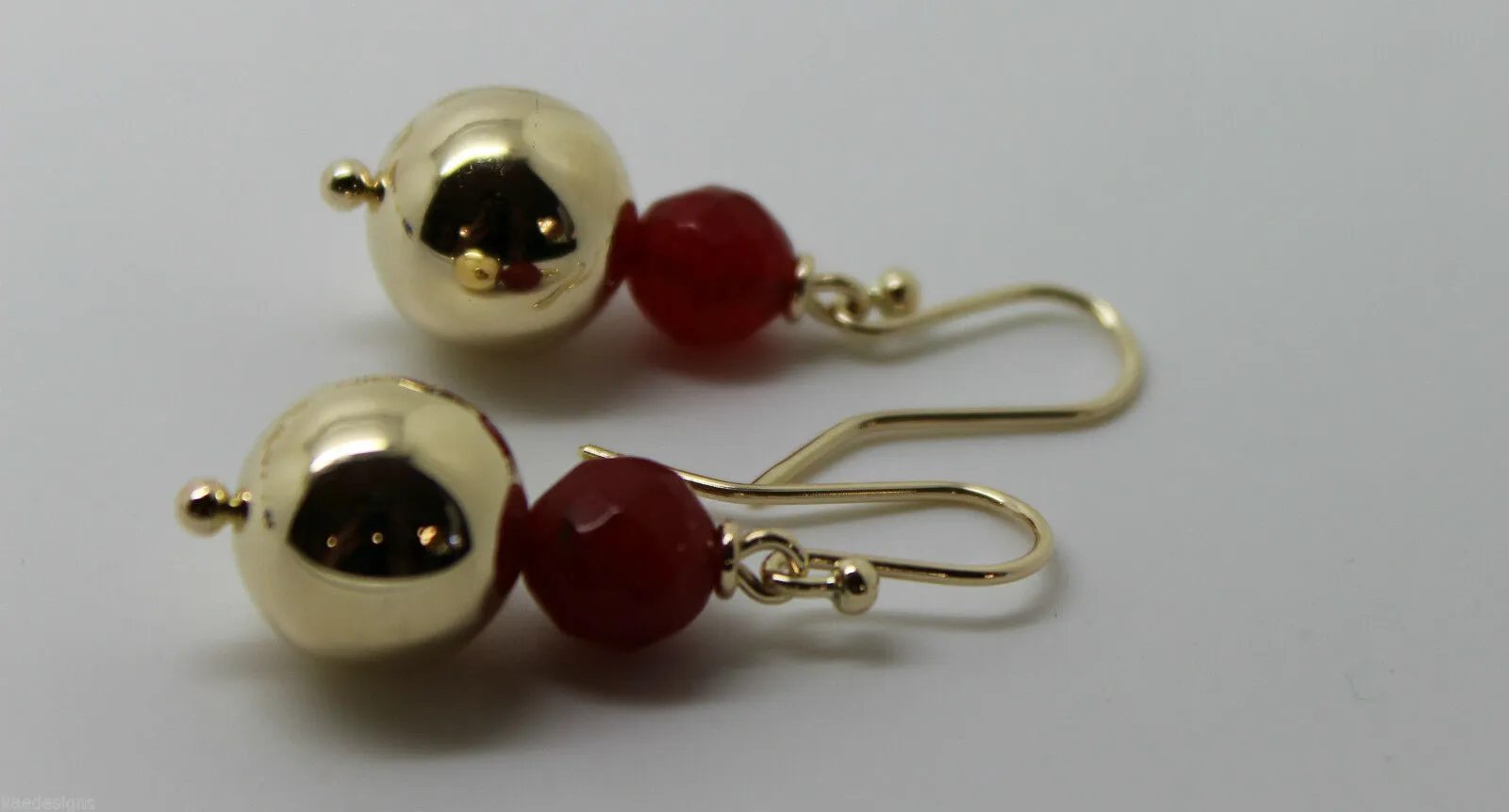 Genuine 9ct Yellow Gold 12mm Ball   7mm Red Jade Faceted Earrings