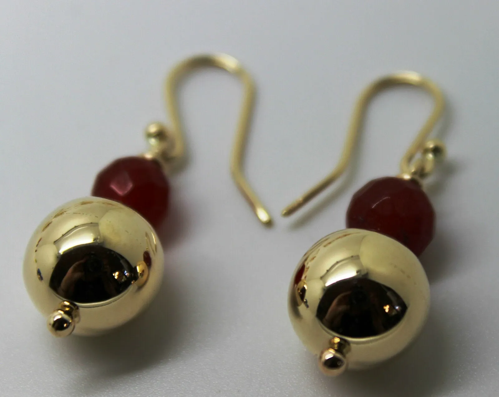 Genuine 9ct Yellow Gold 12mm Ball   7mm Red Jade Faceted Earrings