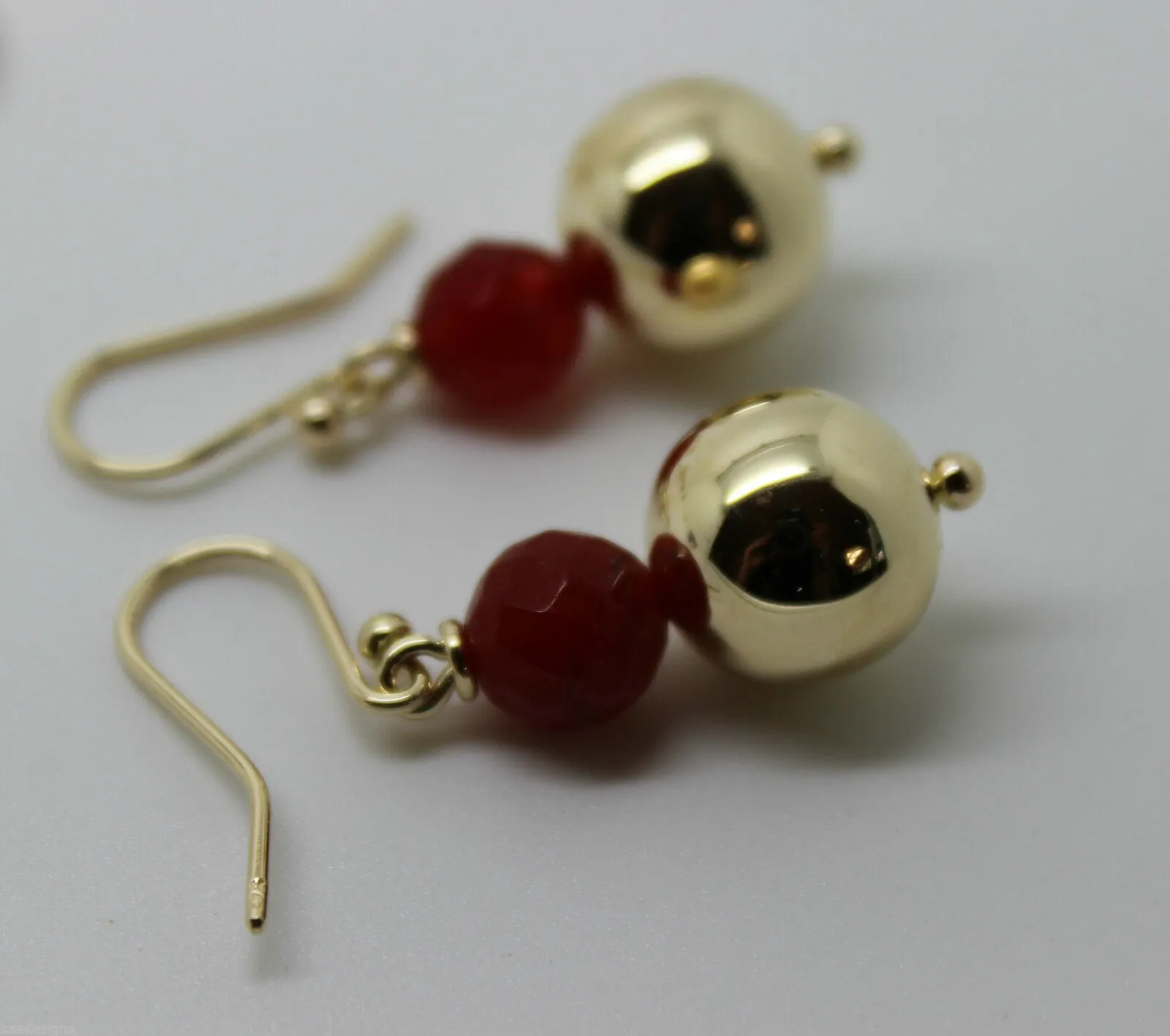 Genuine 9ct Yellow Gold 12mm Ball   7mm Red Jade Faceted Earrings