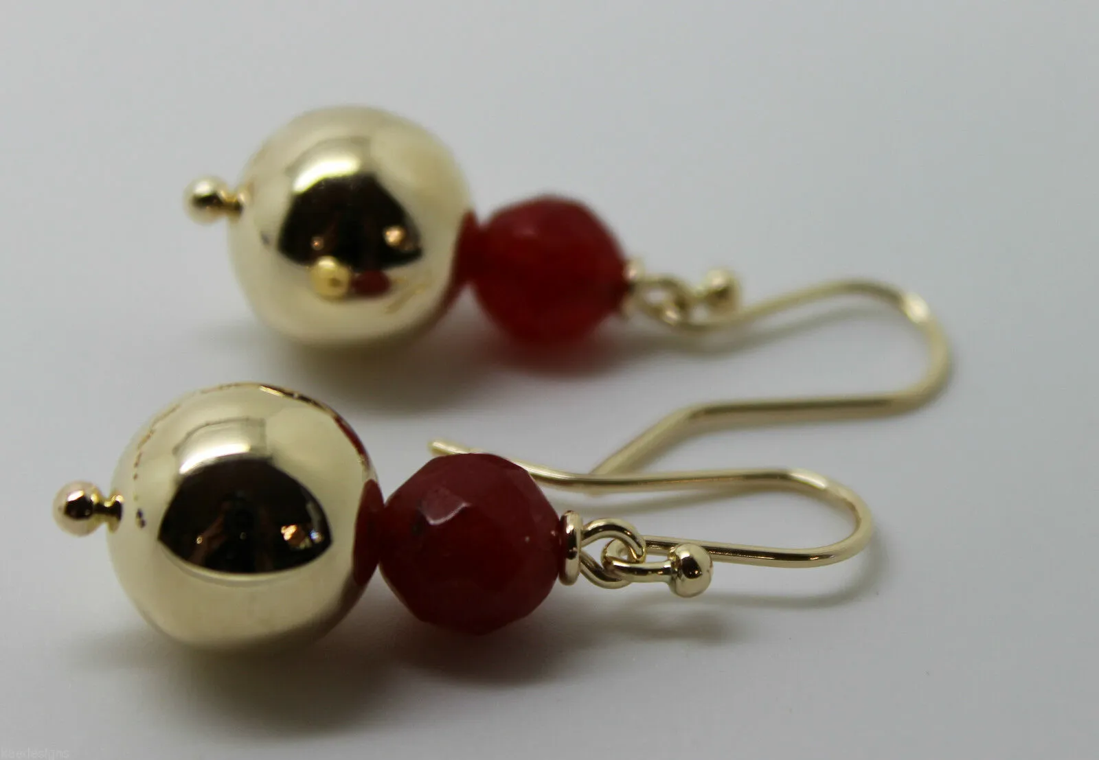 Genuine 9ct Yellow Gold 12mm Ball   7mm Red Jade Faceted Earrings