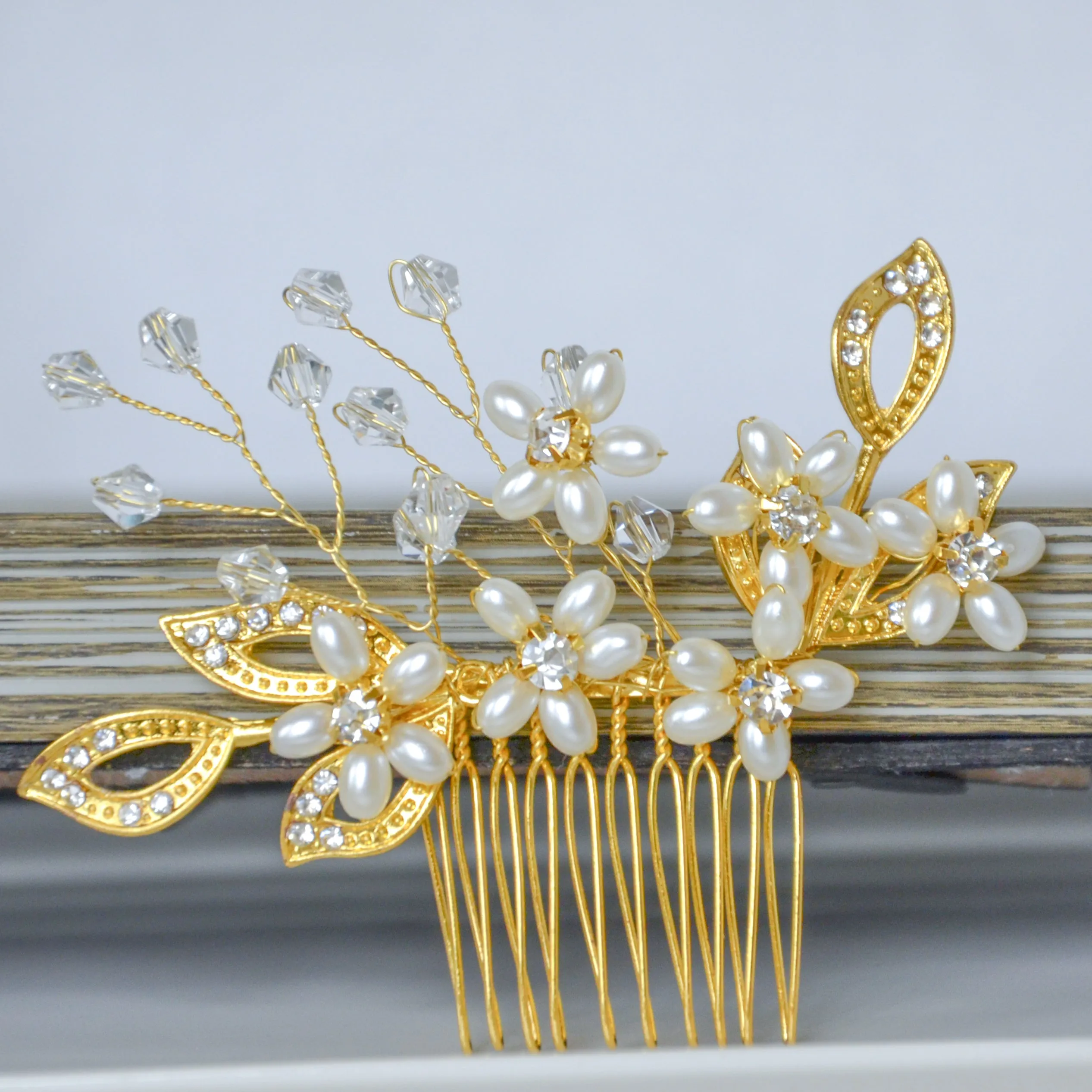 Gold Bridal Flower Hair Comb