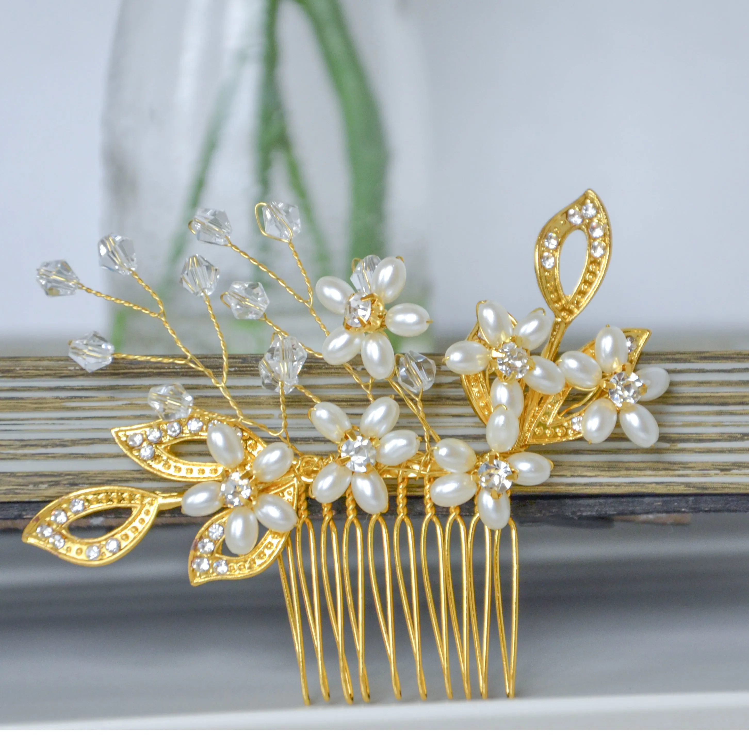 Gold Bridal Flower Hair Comb