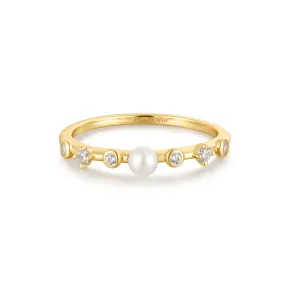 Gold Freshwater Pearl and White Cubic Zirconia Bezel Set Ring