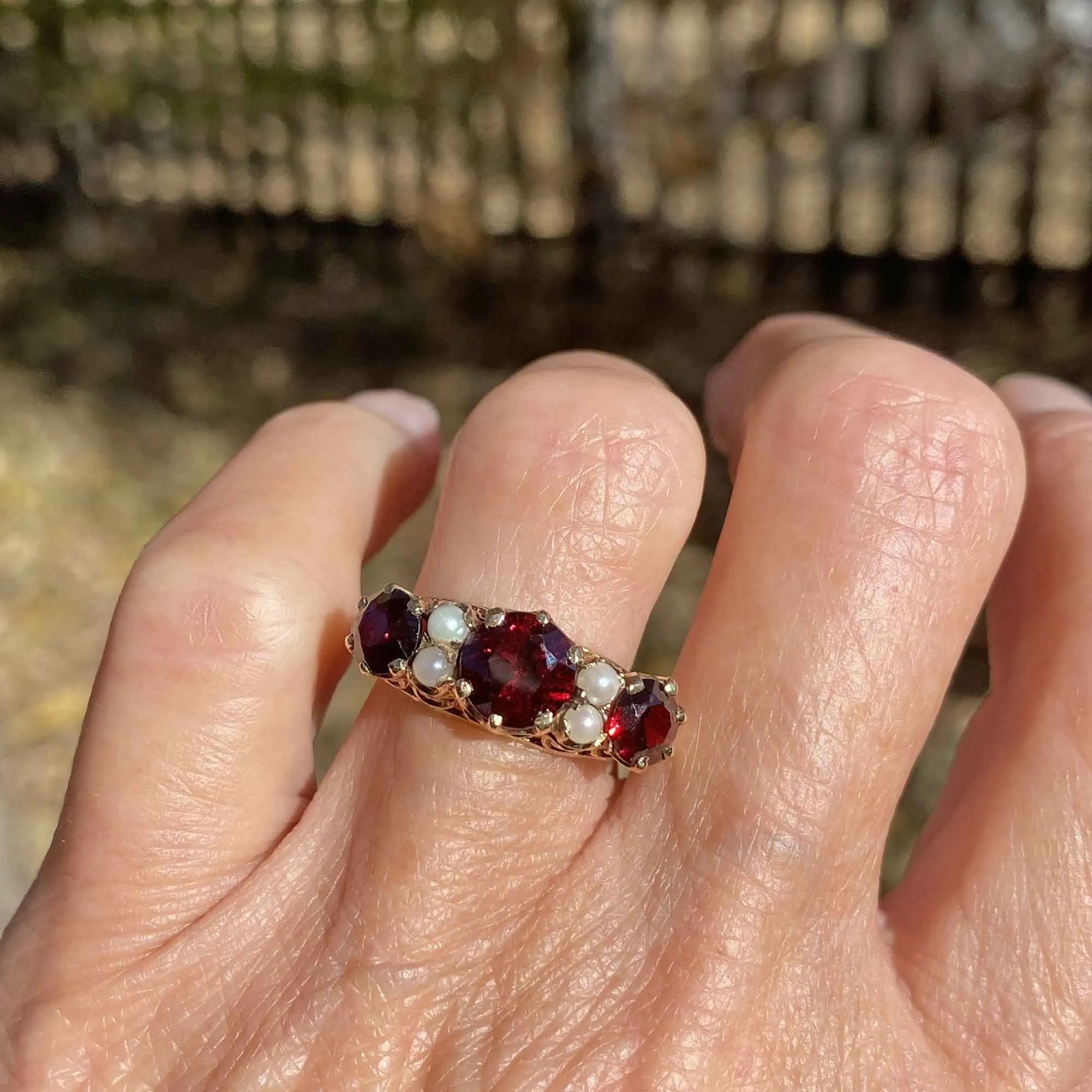 Gold Garnet Seed Pearl Victorian Style Ring