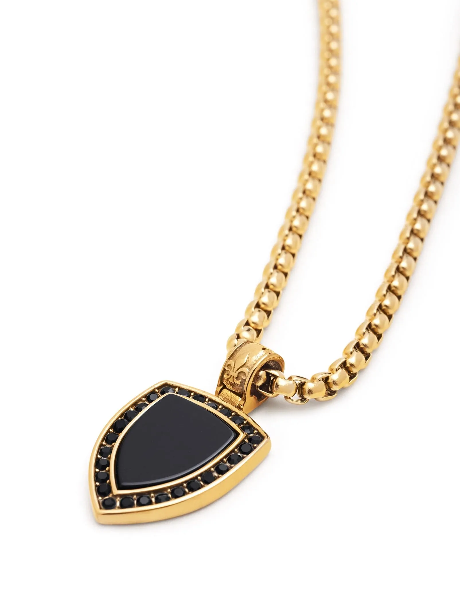 Gold Necklace with Black Onyx Shield Pendant