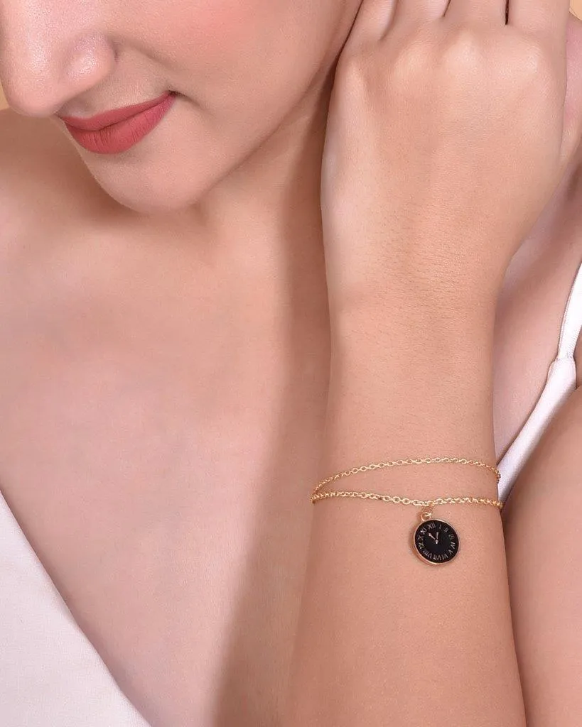 Gold Plated Black Clock Charm Bracelet - Voj