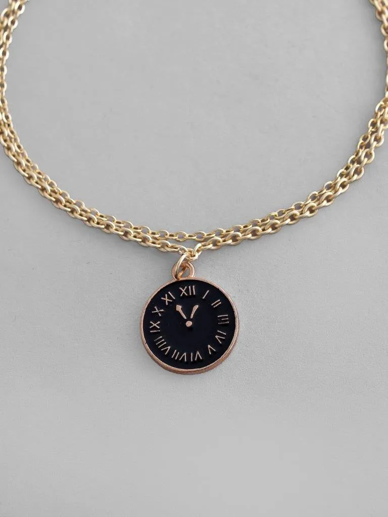 Gold Plated Black Clock Charm Bracelet - Voj