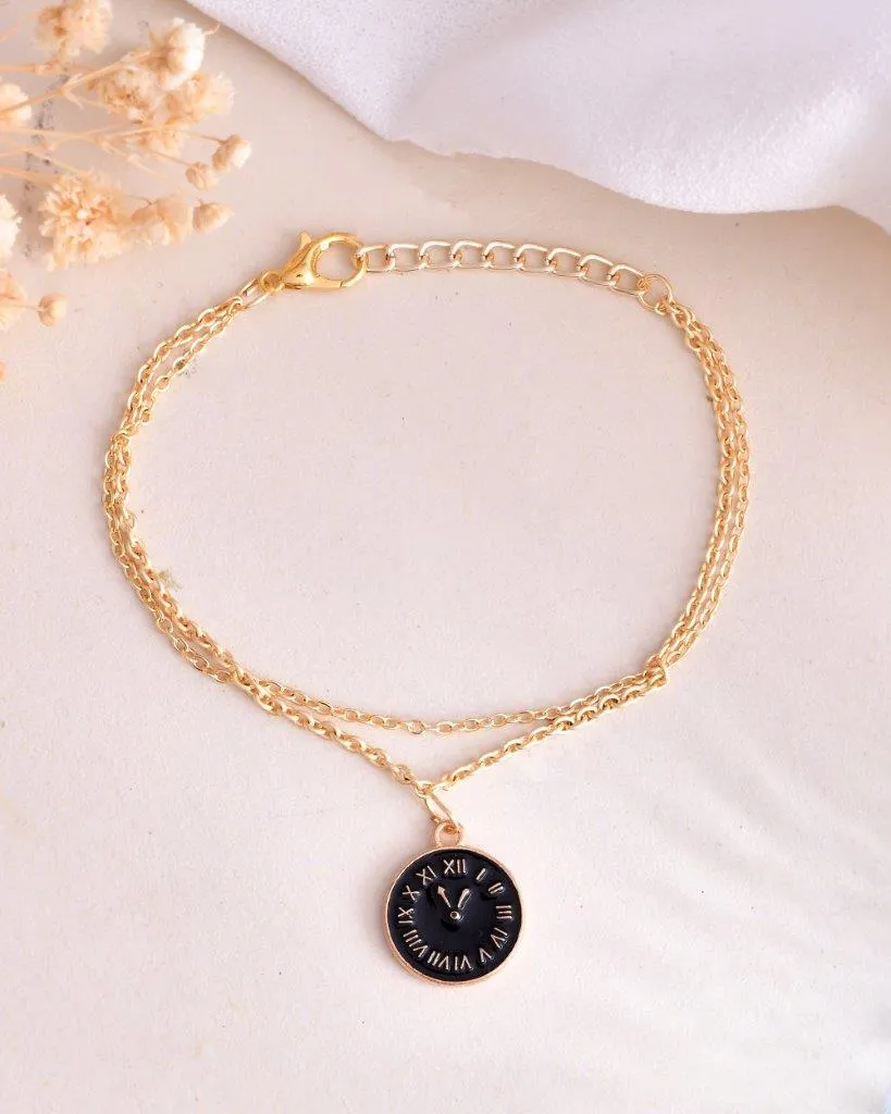 Gold Plated Black Clock Charm Bracelet - Voj