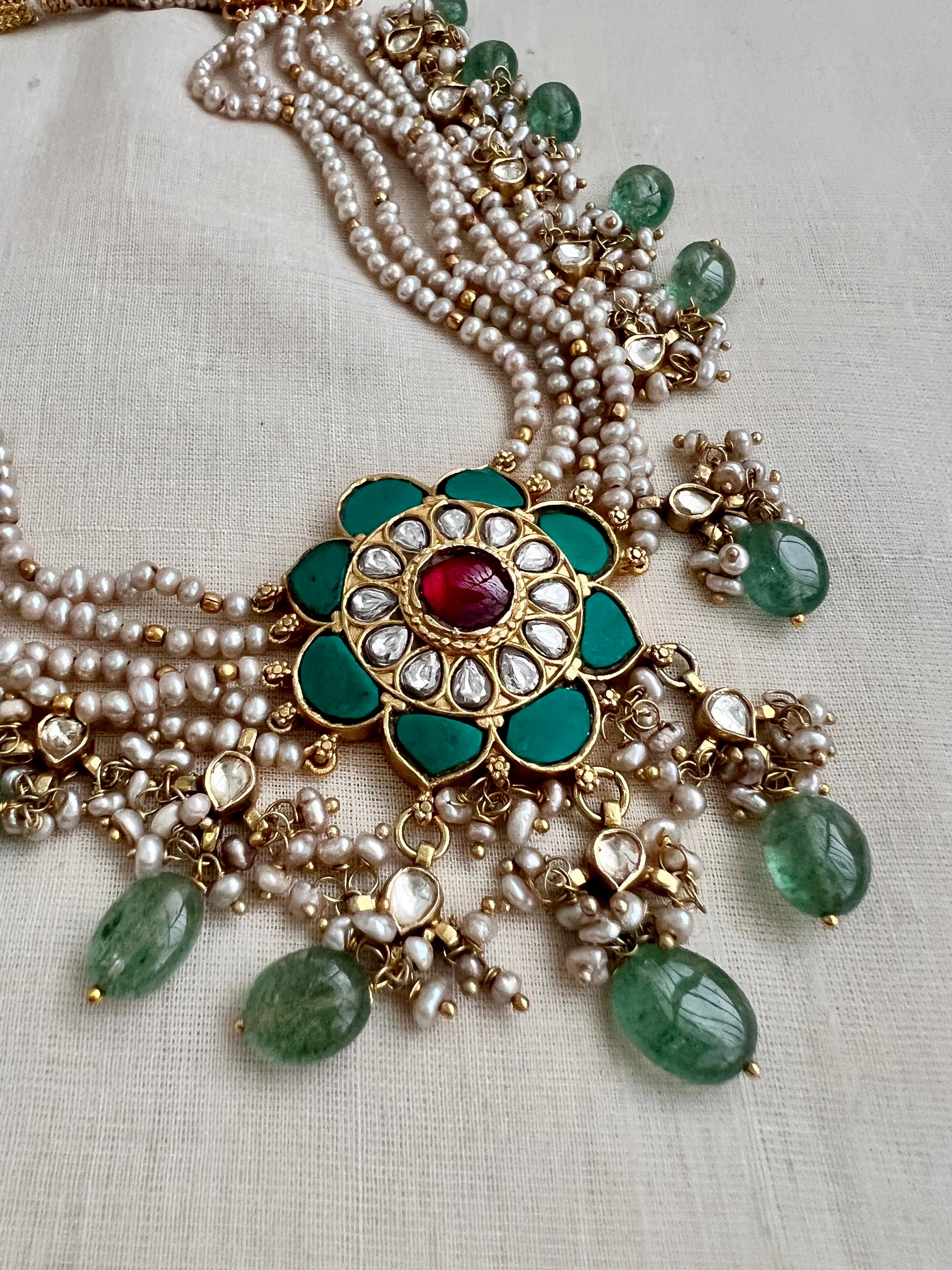 Gold polish kundan, ruby & turquoise choker set with pearls and jade beads