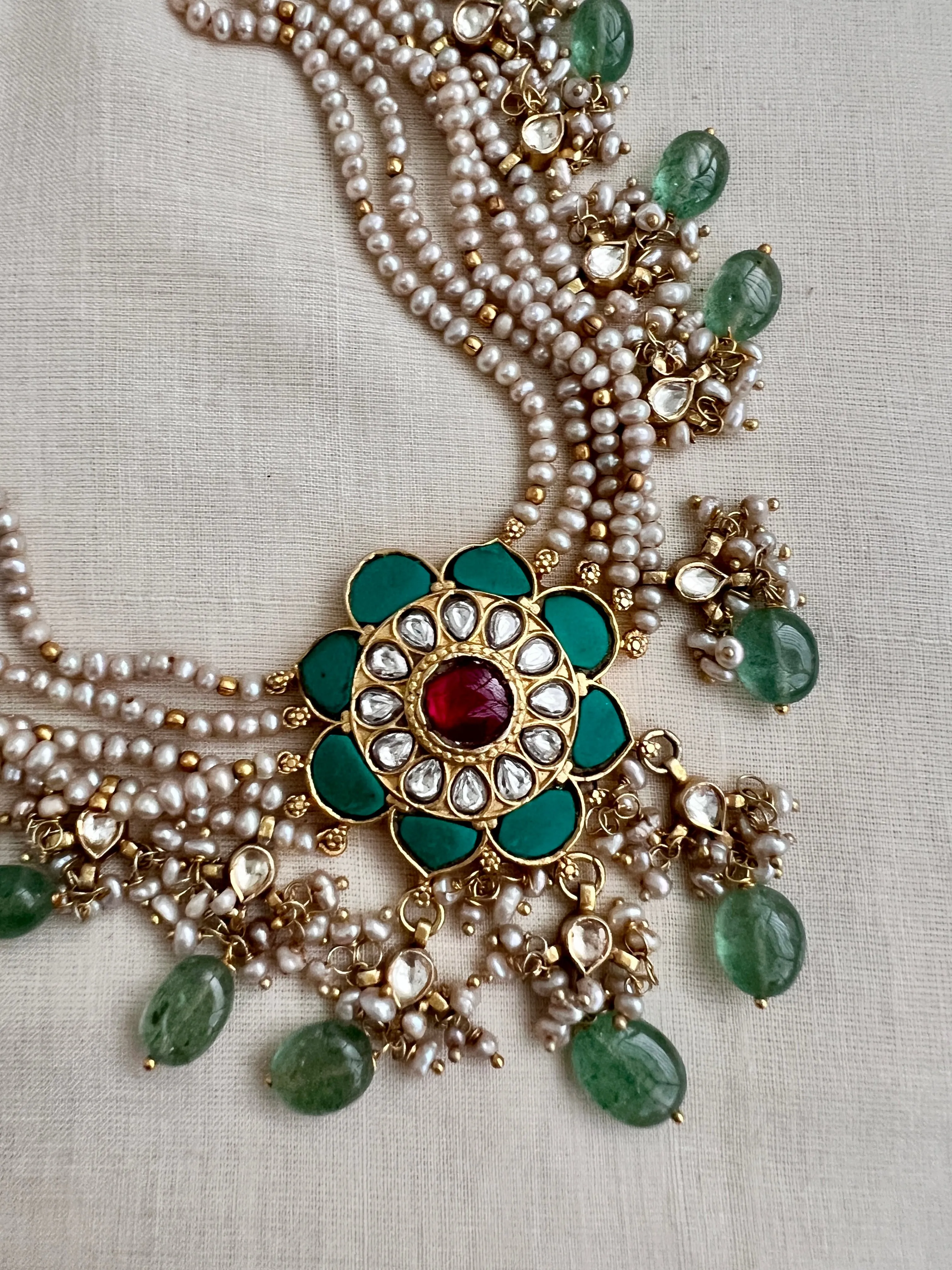 Gold polish kundan, ruby & turquoise choker set with pearls and jade beads