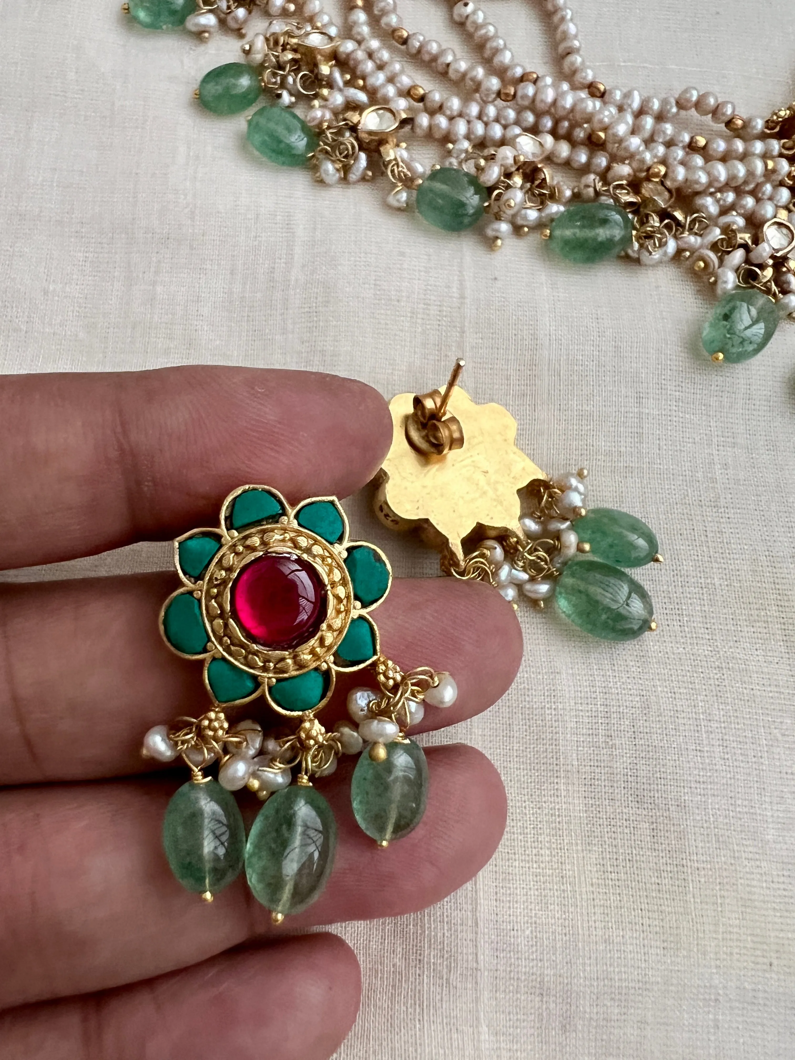 Gold polish kundan, ruby & turquoise choker set with pearls and jade beads