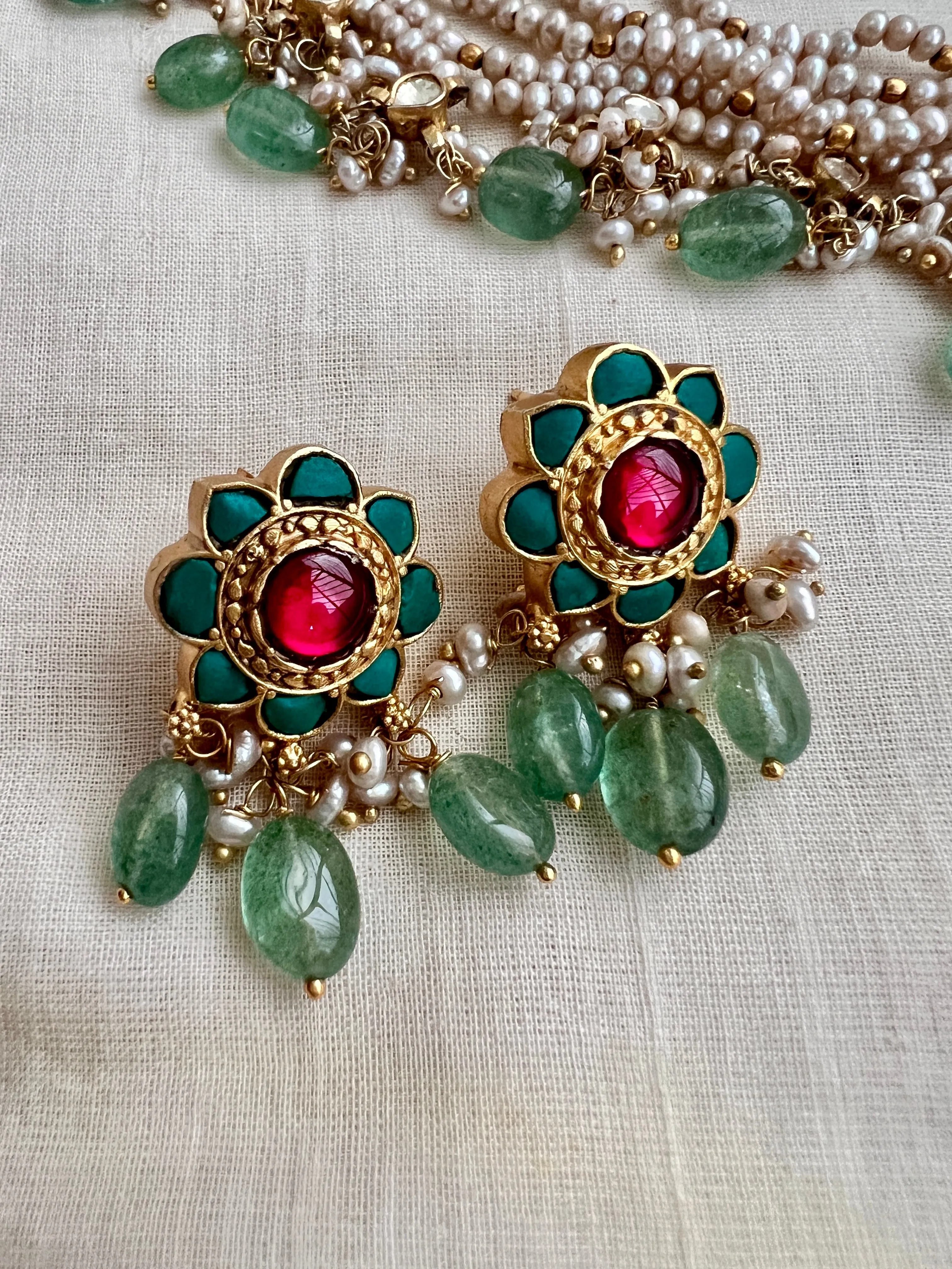 Gold polish kundan, ruby & turquoise choker set with pearls and jade beads