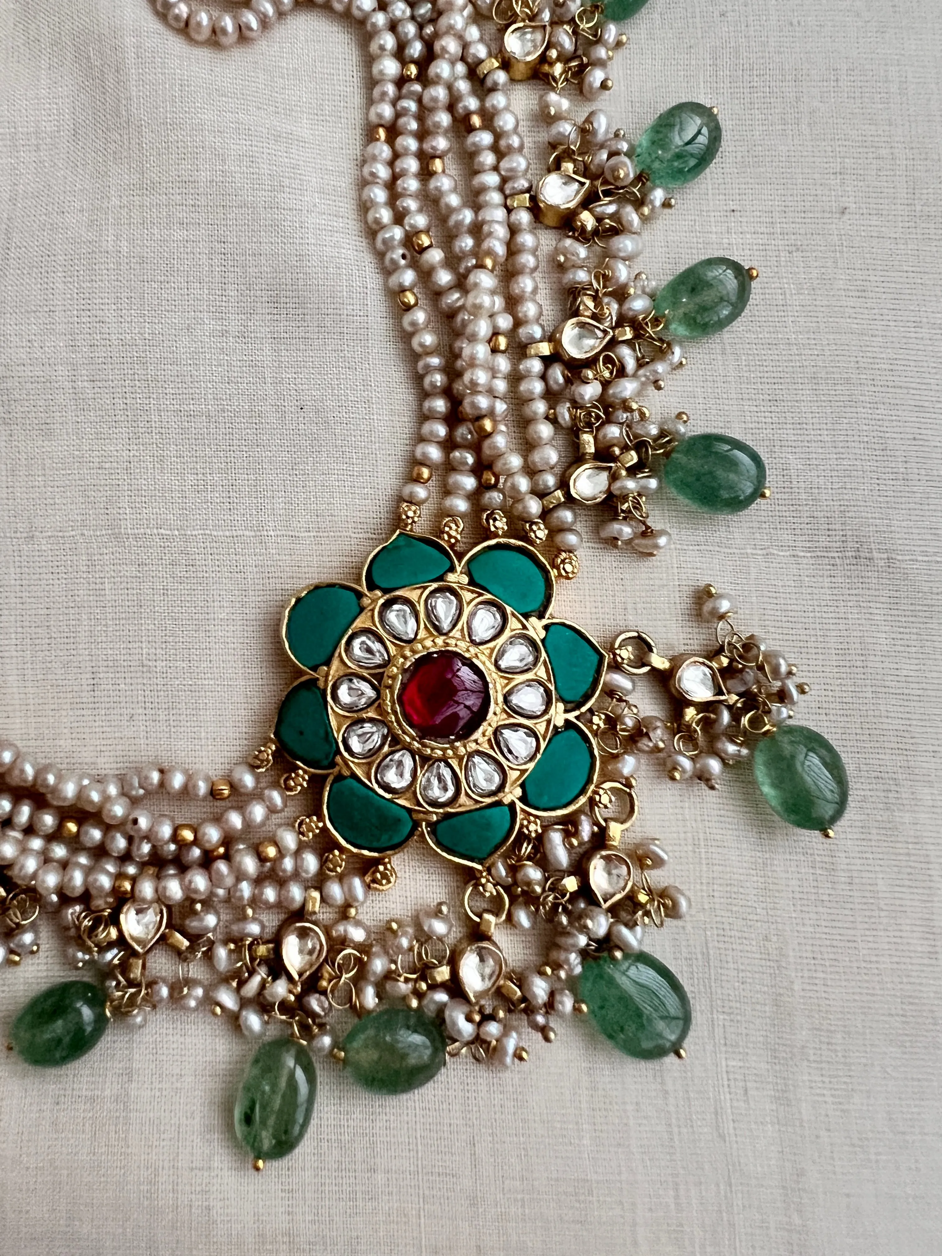 Gold polish kundan, ruby & turquoise choker set with pearls and jade beads