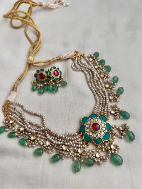 Gold polish kundan, ruby & turquoise choker set with pearls and jade beads