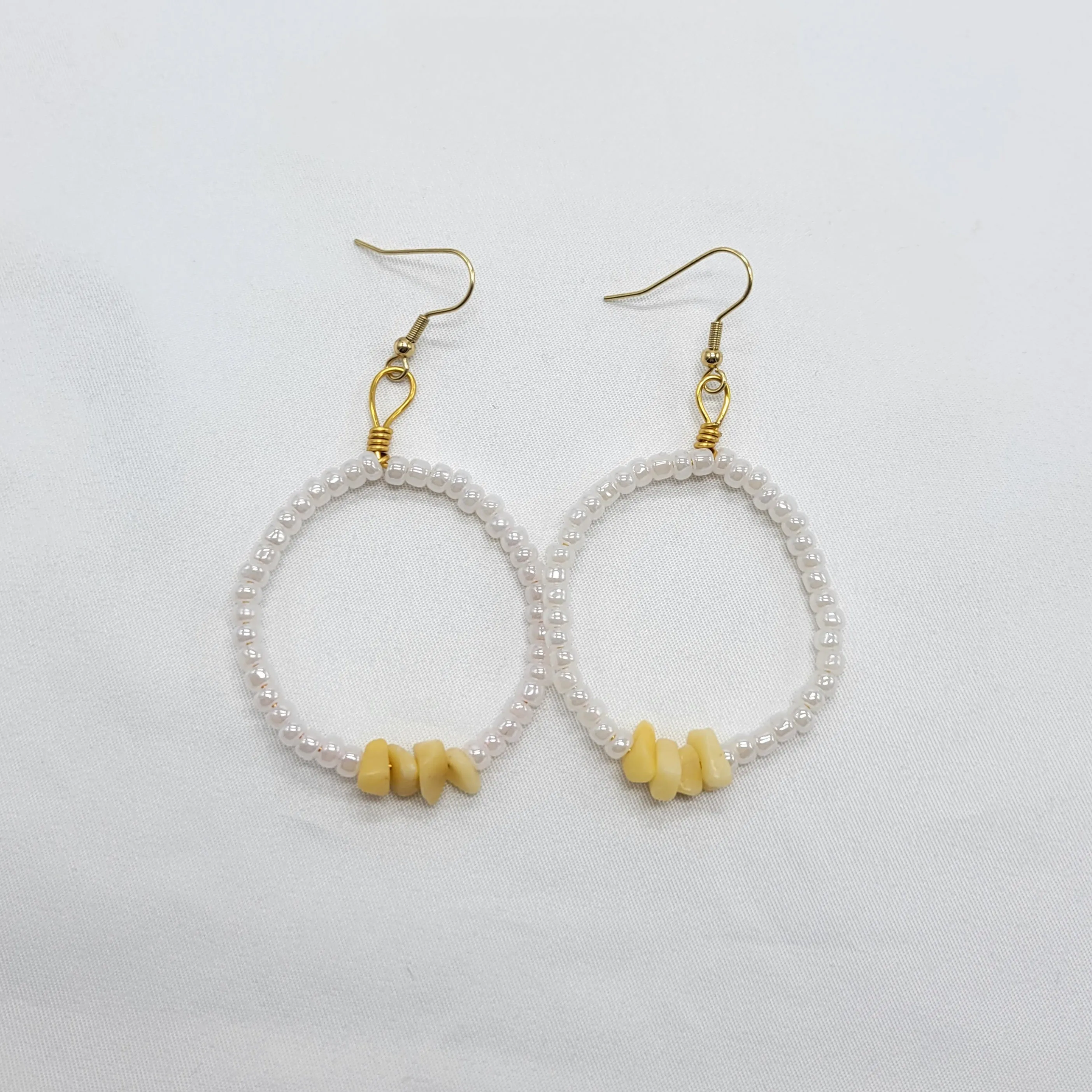 Golden Jade and Seed Bead Hoop Earrings