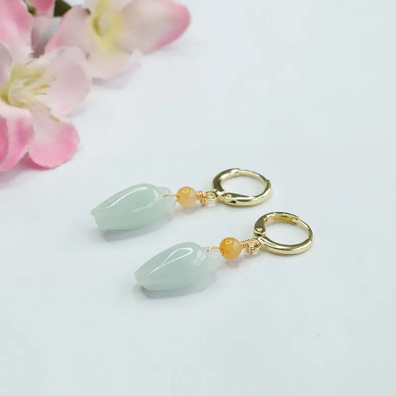 Golden Sterling Silver Hoop Earrings with Natural Burmese Jade Bud