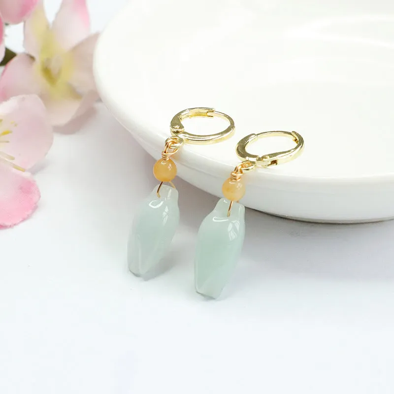 Golden Sterling Silver Hoop Earrings with Natural Burmese Jade Bud