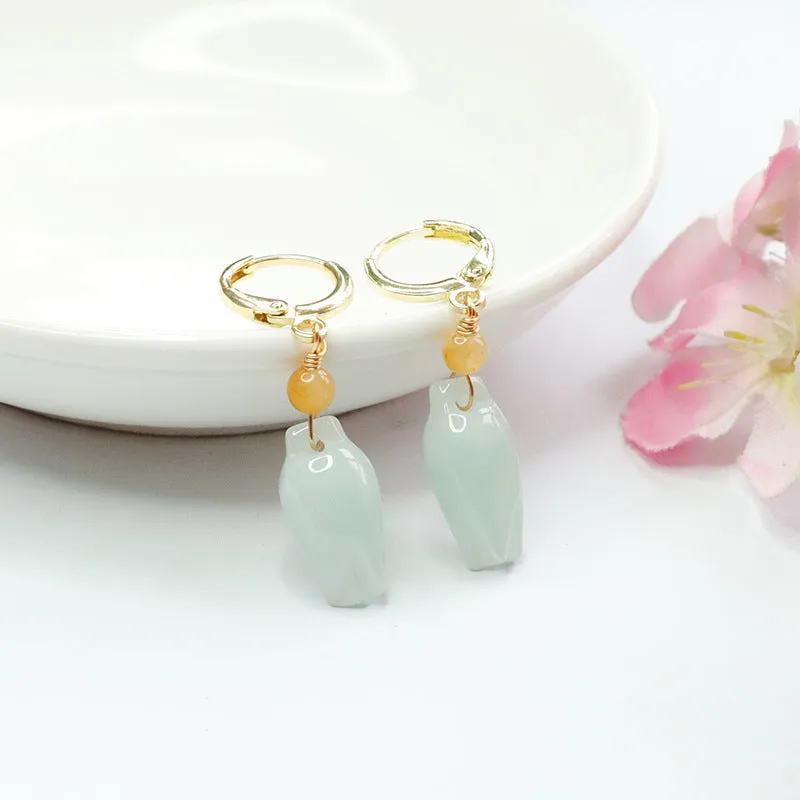 Golden Sterling Silver Hoop Earrings with Natural Burmese Jade Bud