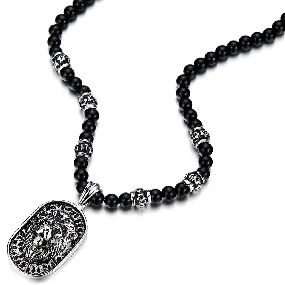 Gothic Style Mens Beads Necklace with Stainless Steel Lion Head Shield Pendant