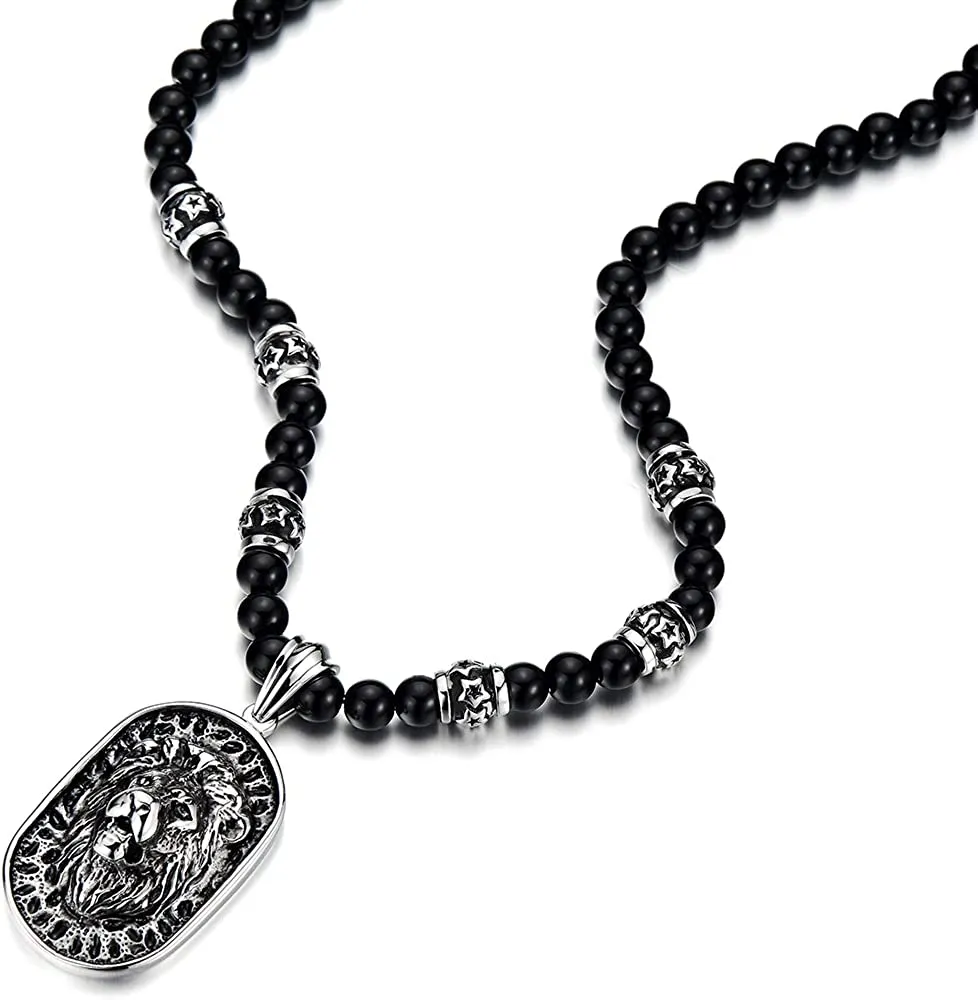 Gothic Style Mens Beads Necklace with Stainless Steel Lion Head Shield Pendant