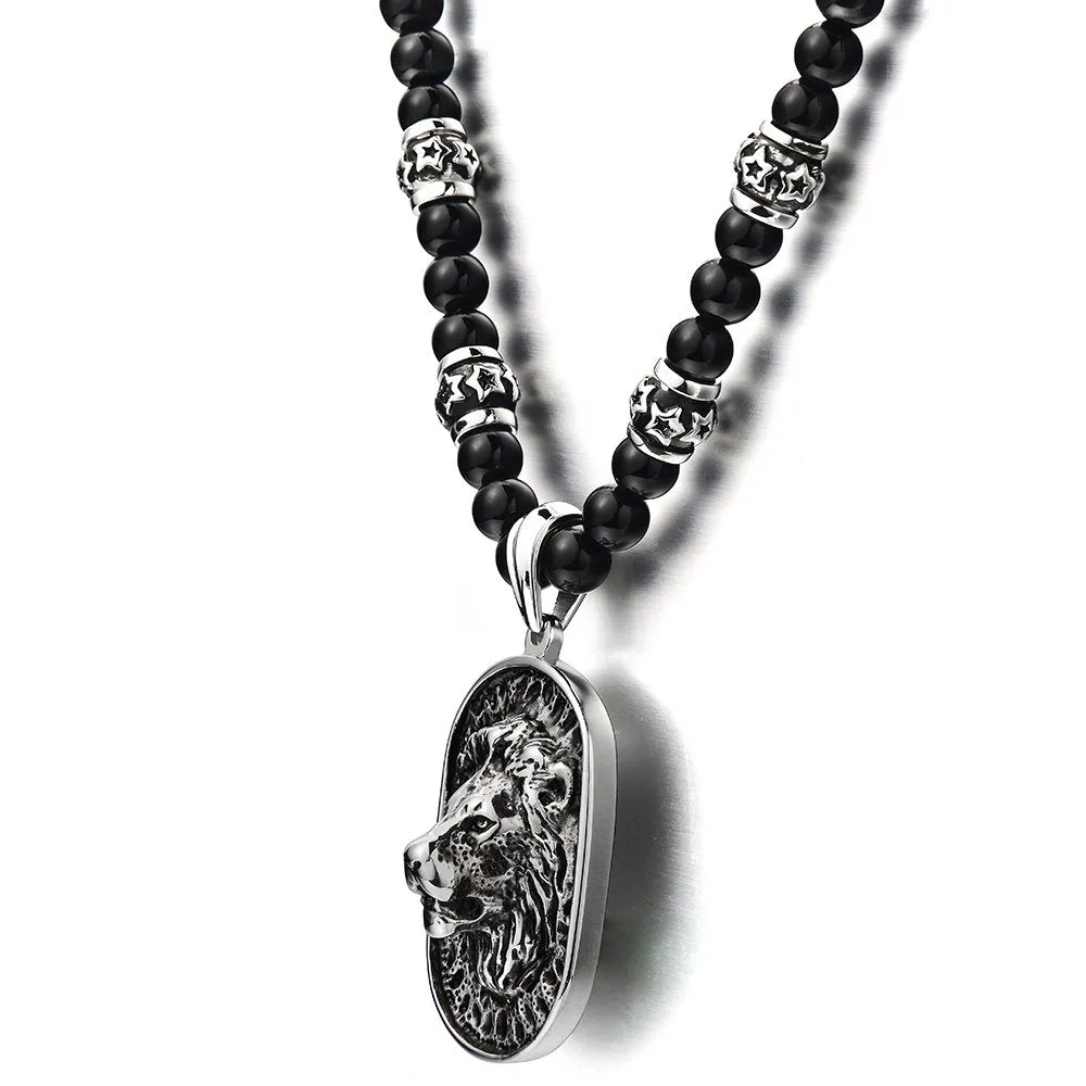 Gothic Style Mens Beads Necklace with Stainless Steel Lion Head Shield Pendant