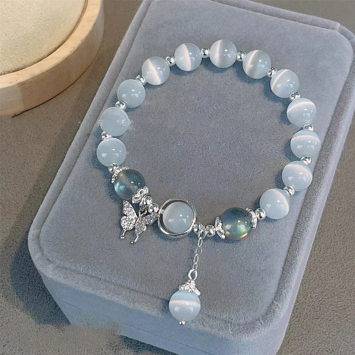 Gray Moonlight Crystal & Opal Butterfly Bracelet - High Quality Sterling Silver