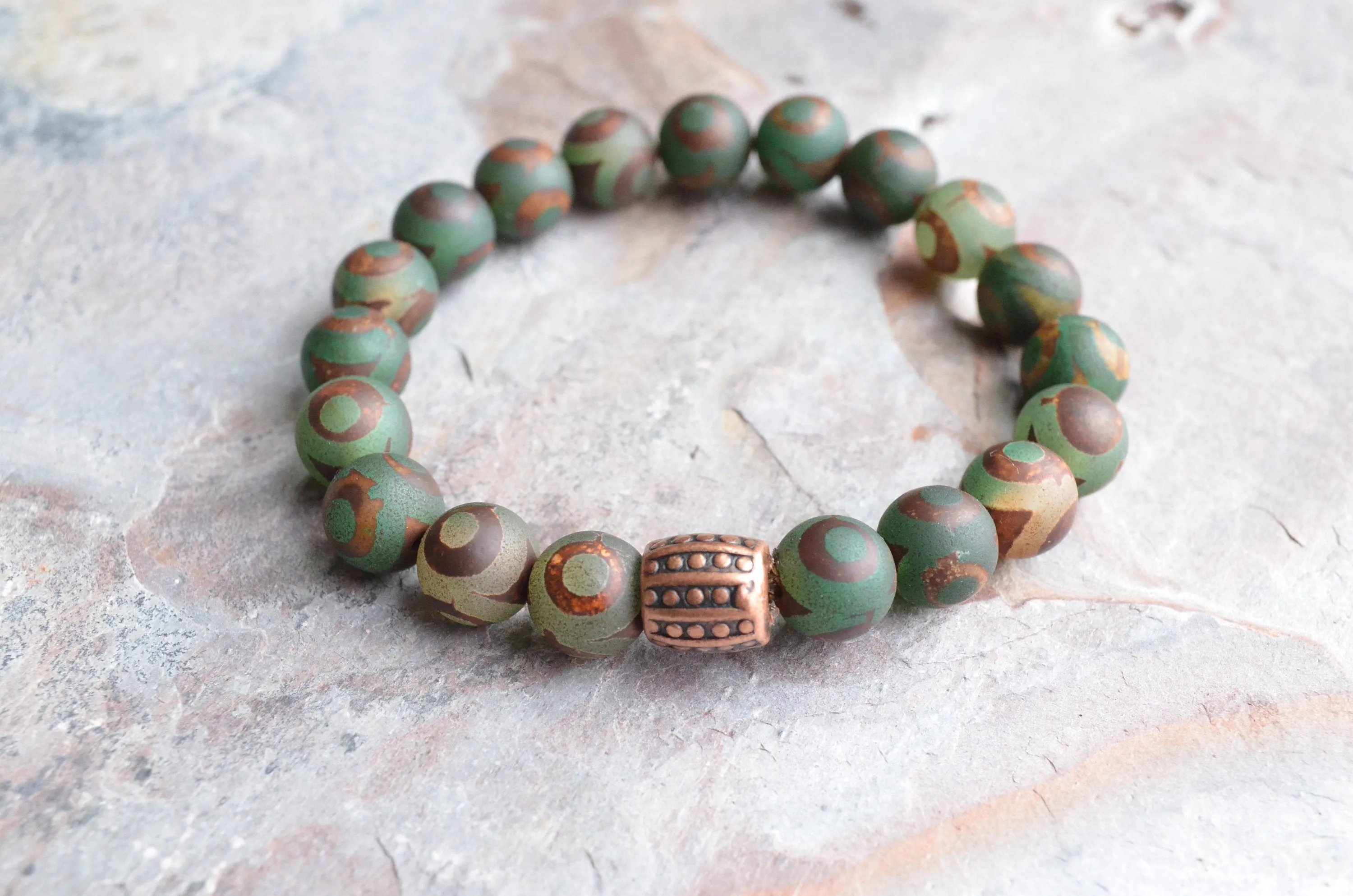 Green Brown Agate Stone Beaded Stretchy Mens Bracelet - Thompson