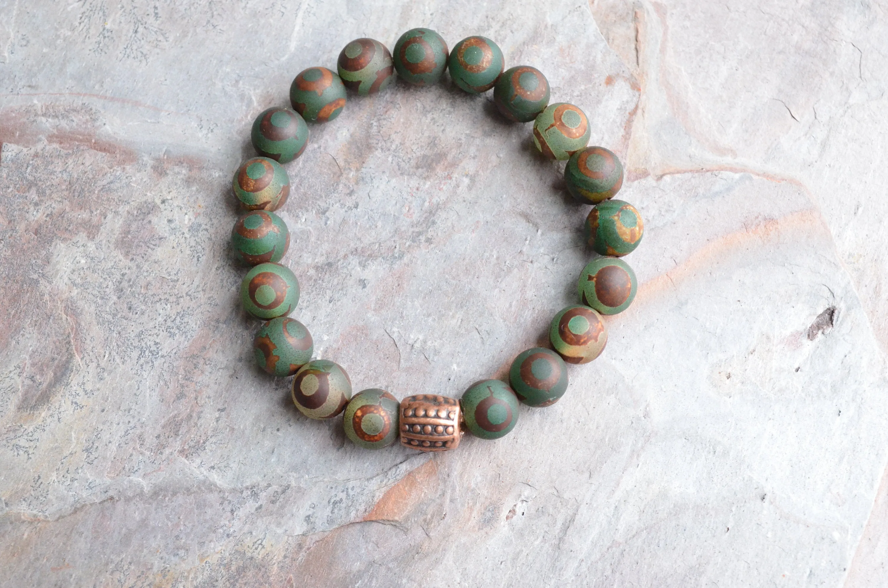 Green Brown Agate Stone Beaded Stretchy Mens Bracelet - Thompson