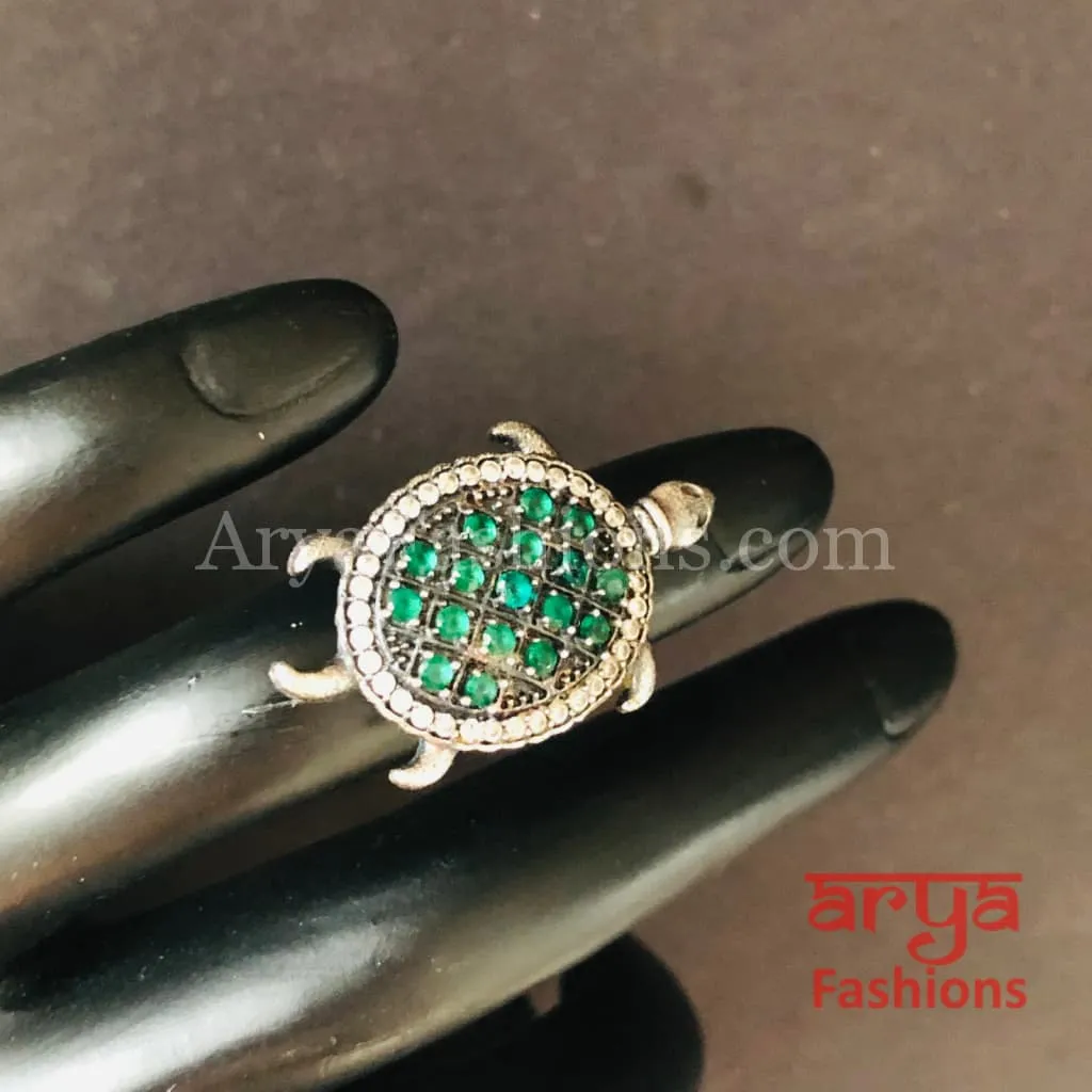 Green Turtle Ring/ Ruby Turtle Ring/ Oxidized Silver Ring