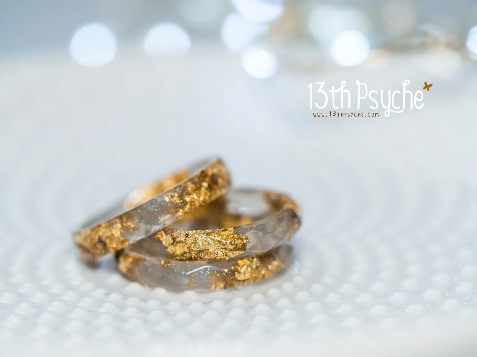 Grey and gold flakes faceted resin ring