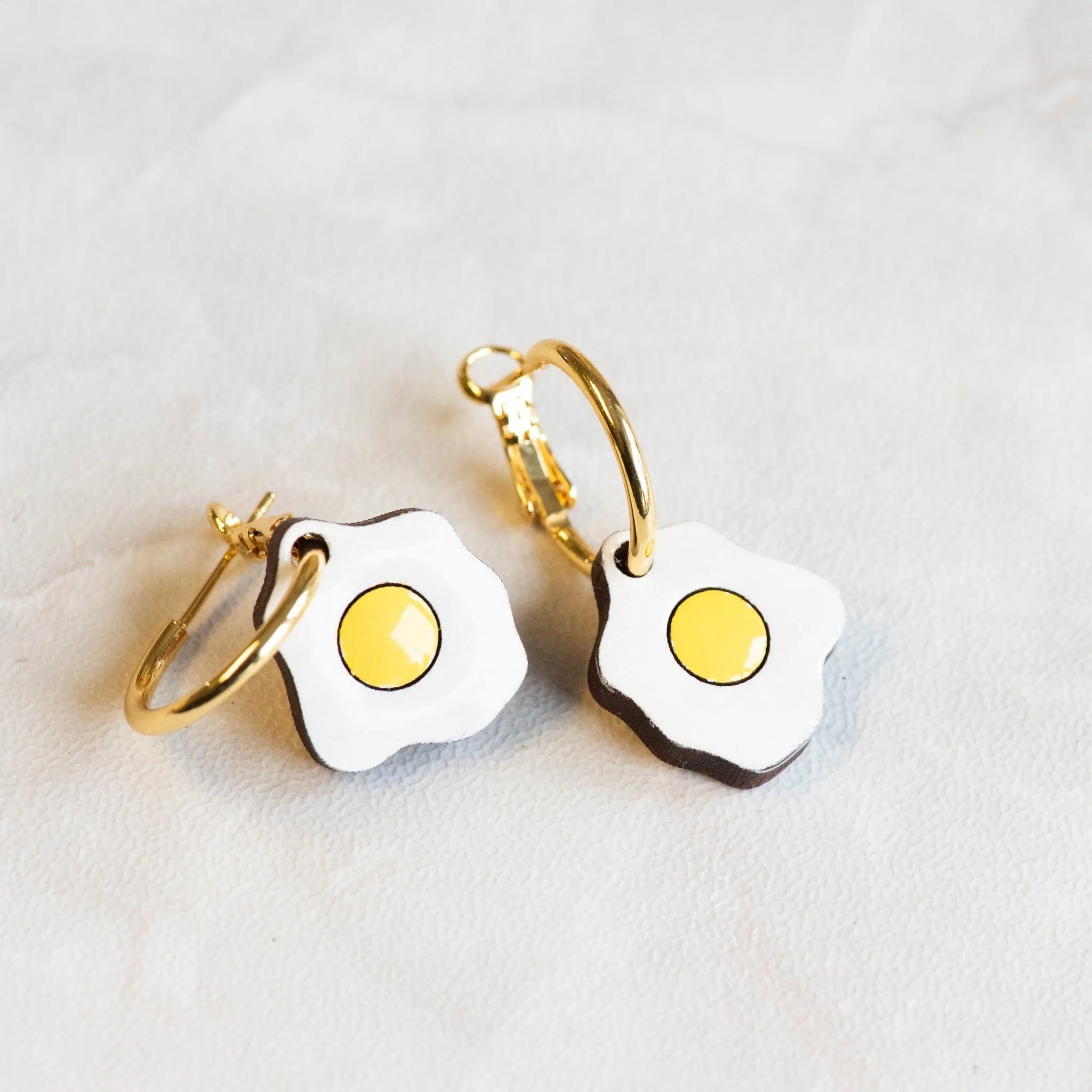 Hand-Painted Cherry Wood Fried Egg Hoop Earrings - PET15158