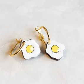 Hand-Painted Cherry Wood Fried Egg Hoop Earrings - PET15158