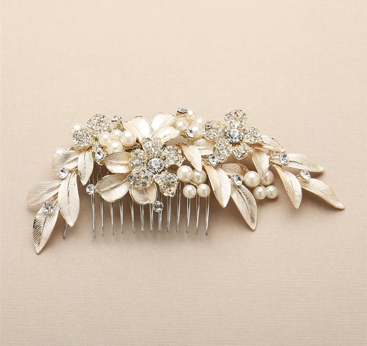 Hand Painted Gold Leaves and Pave Crystals Bridal Hair Comb