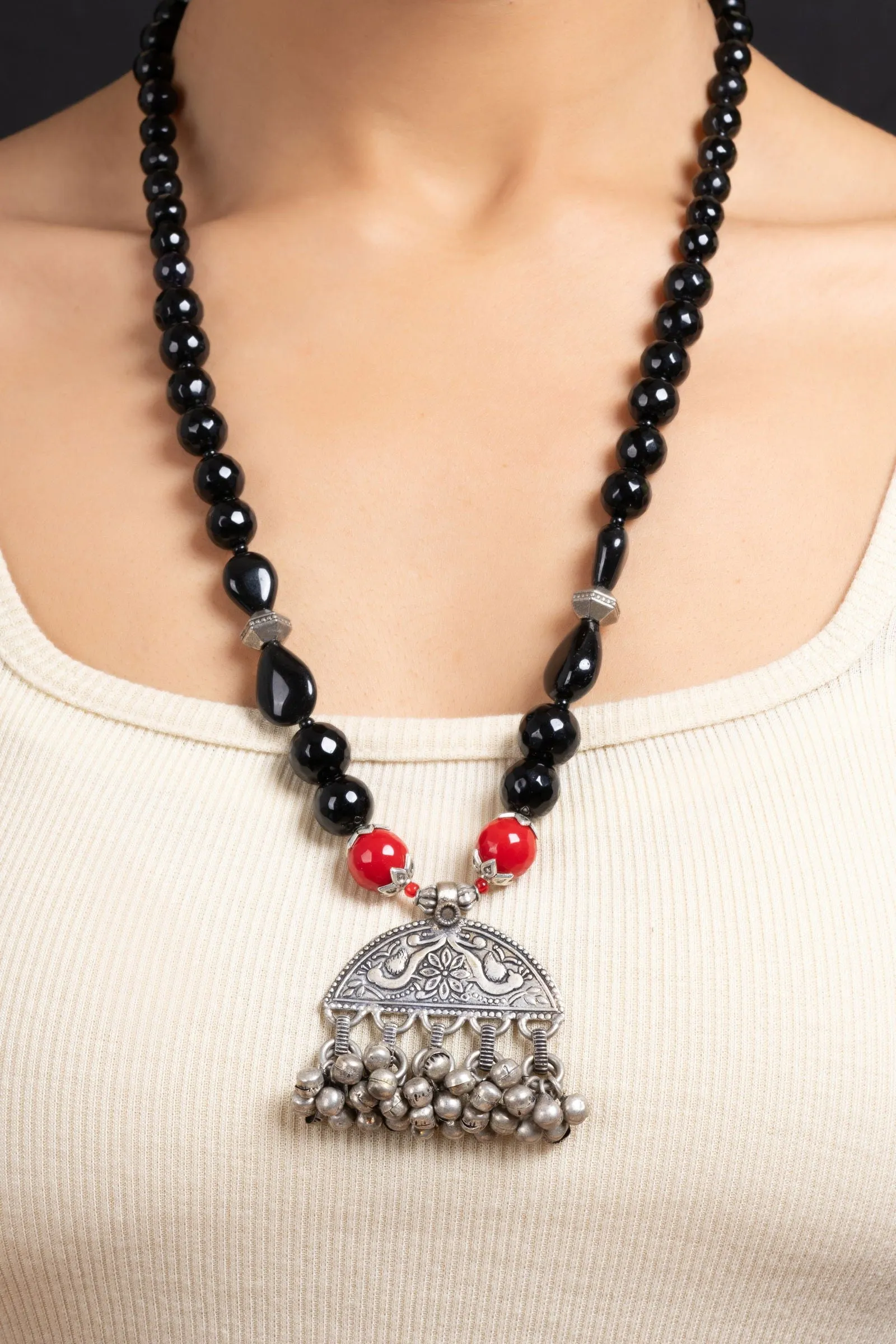 Handmade German Silver Ghungroo Pendant With Red Black Onyx Stones Jewelry Sets