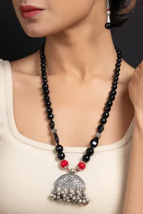 Handmade German Silver Ghungroo Pendant With Red Black Onyx Stones Jewelry Sets