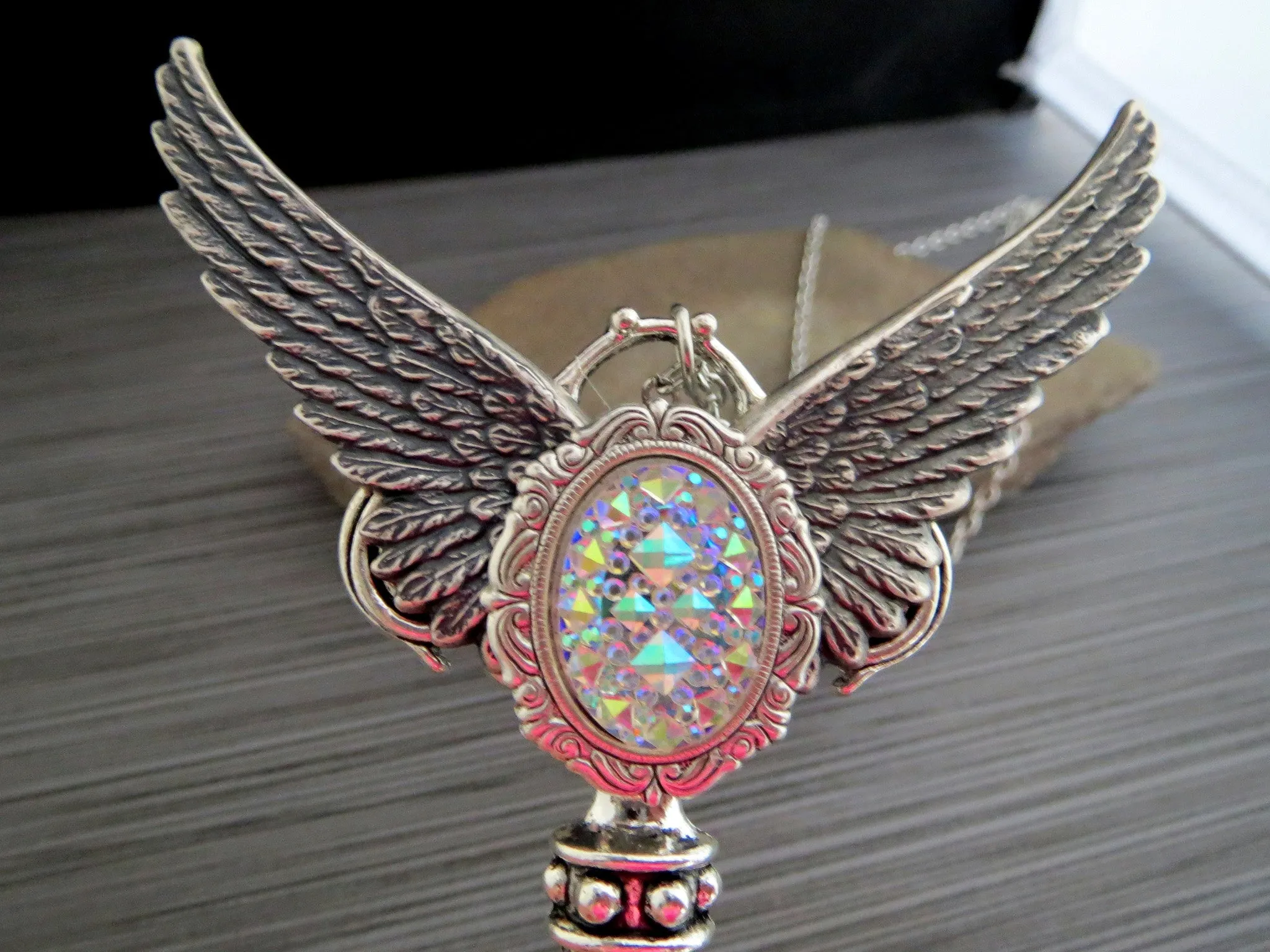 Handmade Large Silver Irridescent Angel Wings Key Necklace