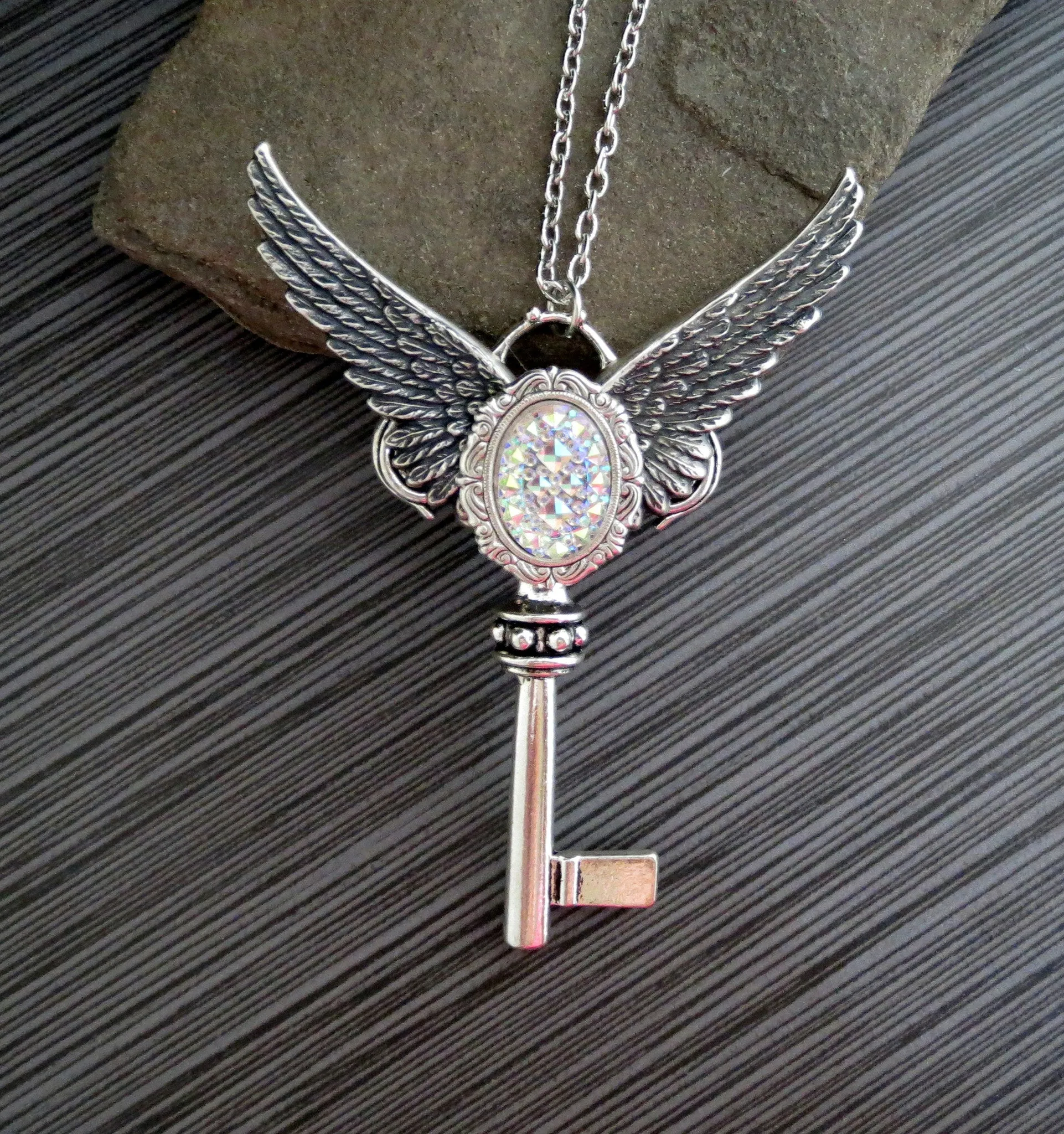 Handmade Large Silver Irridescent Angel Wings Key Necklace