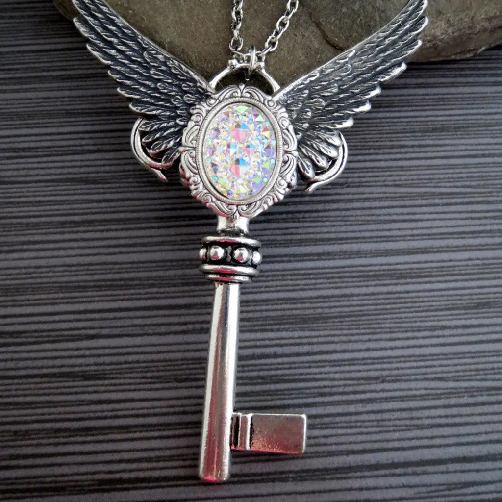 Handmade Large Silver Irridescent Angel Wings Key Necklace