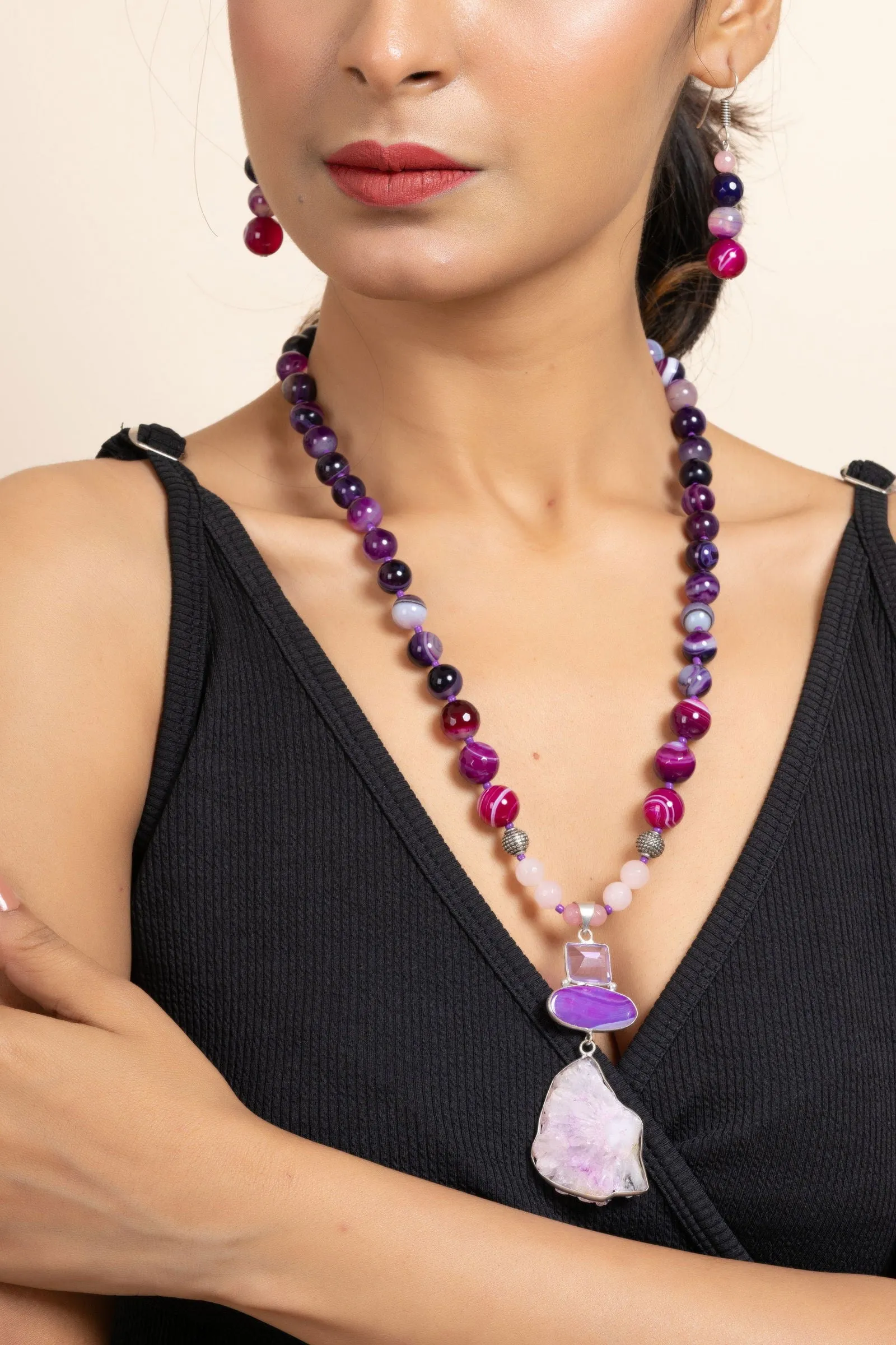 Handmade Purple Pink Agate Onyx Stone Necklace and Earring Jewelry Set for Women and Girls