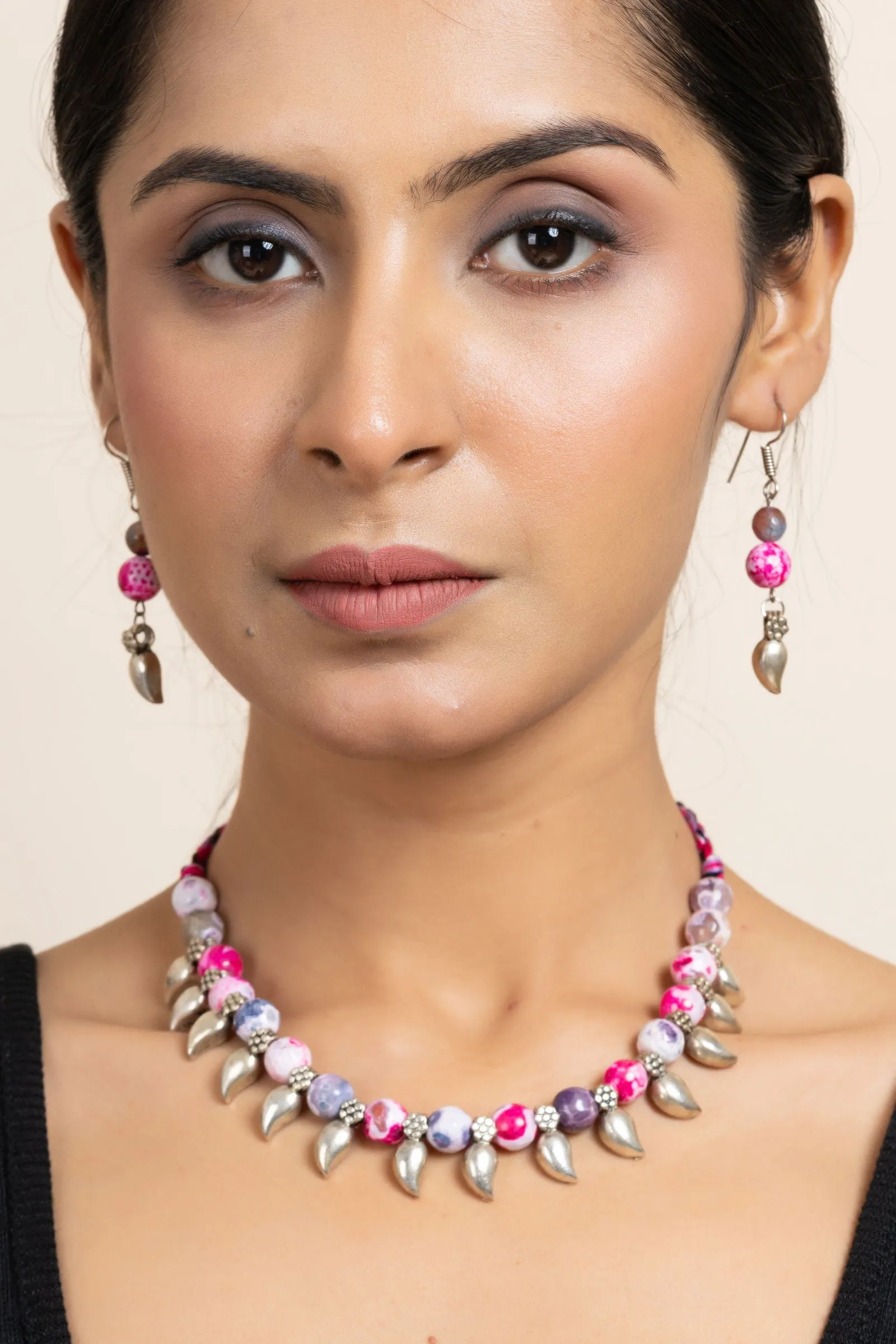 Handmade Semi Precious Pink Purple Onyx Necklace with Mango Charm & Matching Earrings Set for Women